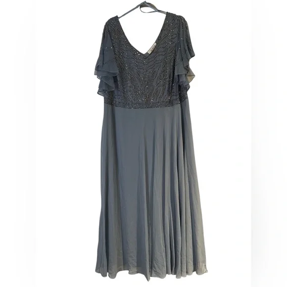J Kara Dusty Blue Beaded Flutter Sleeve Maxi Gown – Elegant Formal Evening Dress - Picture 2 of 9